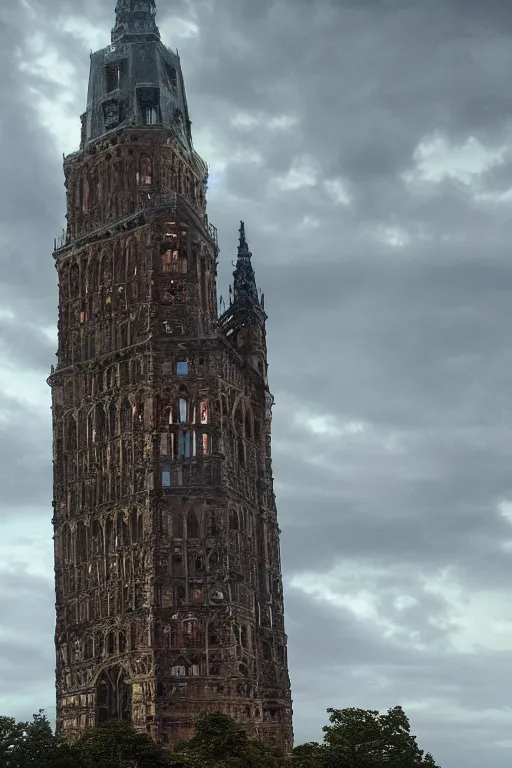 Image similar to view of the old tower and its gardens after a storm, tall windows lit up, beautiful ornamental architecture, dramatic cinematic lighting, rich colors, by Caspar David Friedrich and Diego Rivera, smooth, sharp focus, extremely detailed, featured on artstation