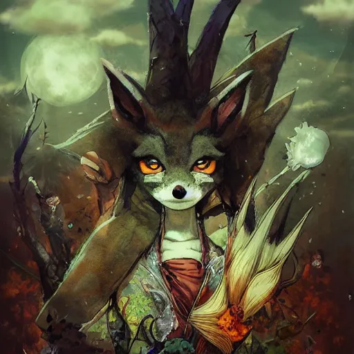 Prompt: an anime about an undead fox animal with exposed skull for a face nongraphic, 9 peacock tails, magical mage robes and walking through an empty street alone at night, halloween decorations, wonder, anime, furry, side profile, peaceful, vhs, art by yuji ikehata