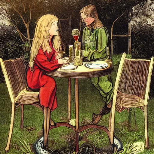 Prompt: girl and boy sitting at table in garden. on the table there is beer and wine. the sun shines. folk horror style art. detailed. clematis. arbour