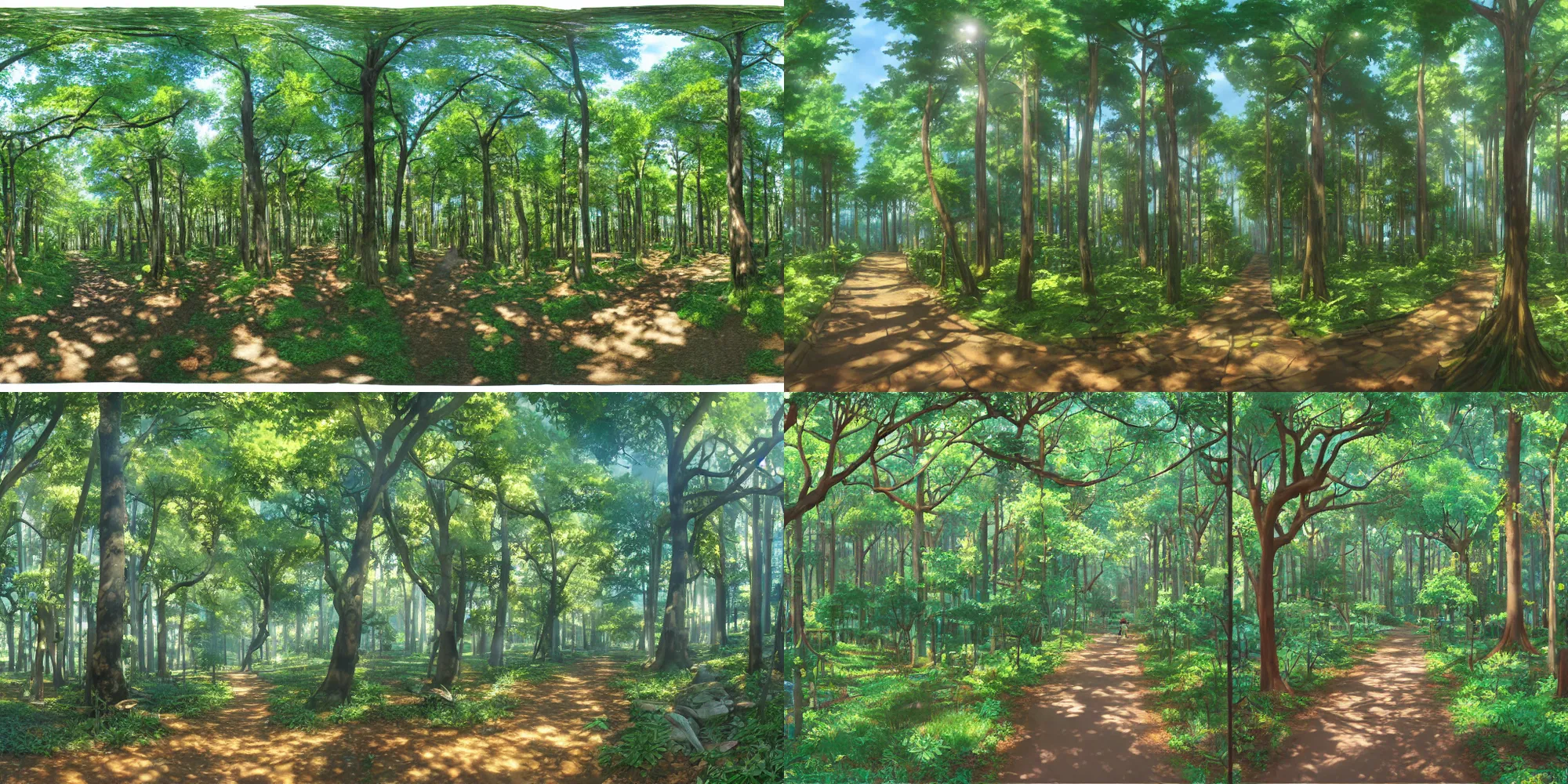 Prompt: complex forest and pathway from left to right, detailed panorama painting by kyoto animation