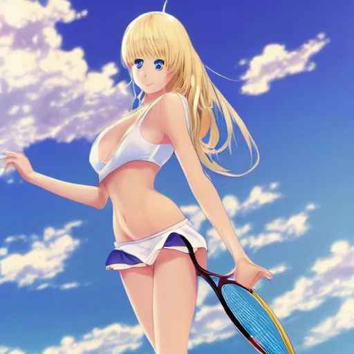 Prompt: full body shot : a very beautiful young blond tennis anime girl, sky blue eyes, large golden chain, bikini, white miniskirt, highly detailed, cinematic wallpaper by stanley artgerm lau