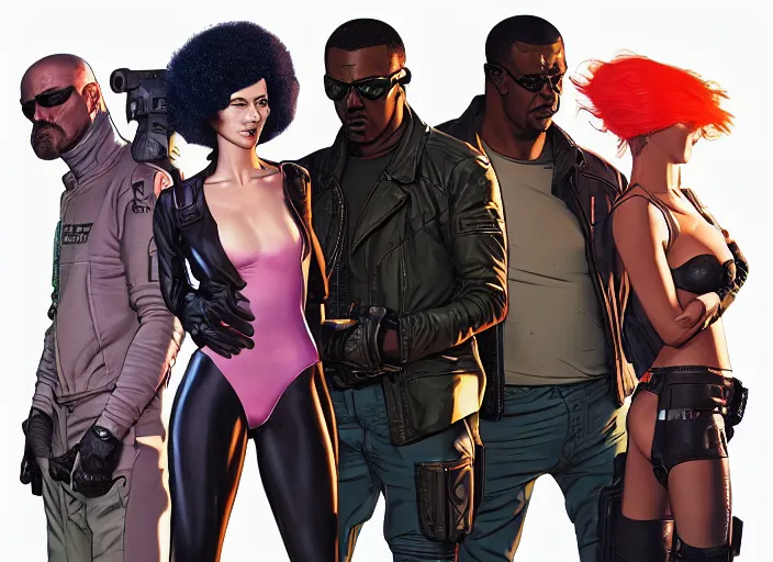 Prompt: cyberpunk heist crew. portrait by stonehouse and mœbius and will eisner and gil elvgren and pixar. character design. realistic proportions. cyberpunk 2 0 7 7 character art, blade runner 2 0 4 9 concept art. cel shading. attractive face. thick lines. the team. diverse characters. artstationhq.