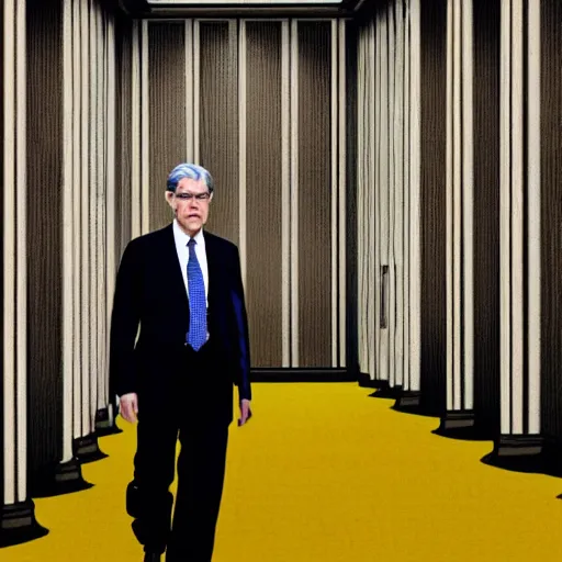 Image similar to Jerome Powell lost in the backrooms, old moist carpet, mono-yellow, fluorescent lights, randomly segmented rooms, eerie