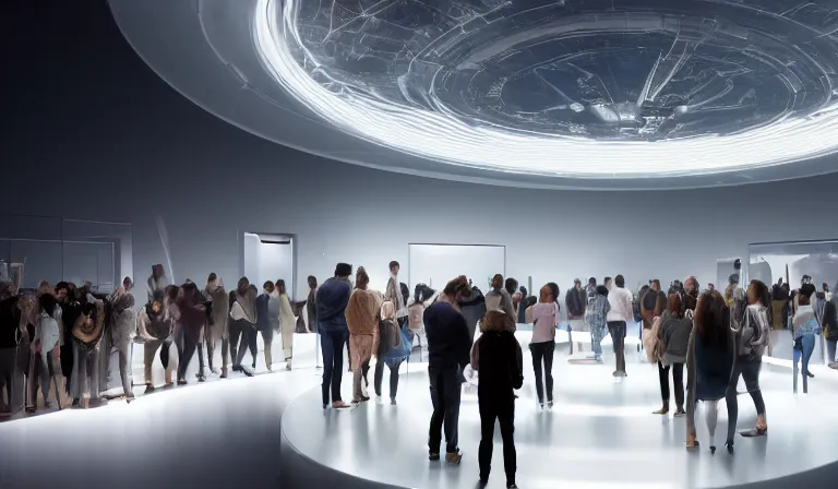 Prompt: crowd of people in simple white museum, looking at hologram of futuristic metropolis on a circular table, cinematic concept art, godrays, golden hour, natural sunlight, 4 k, clear details, tabletop model buildings, center model buildings, hologram center, crane shot, crane shot, crane shot, white walls