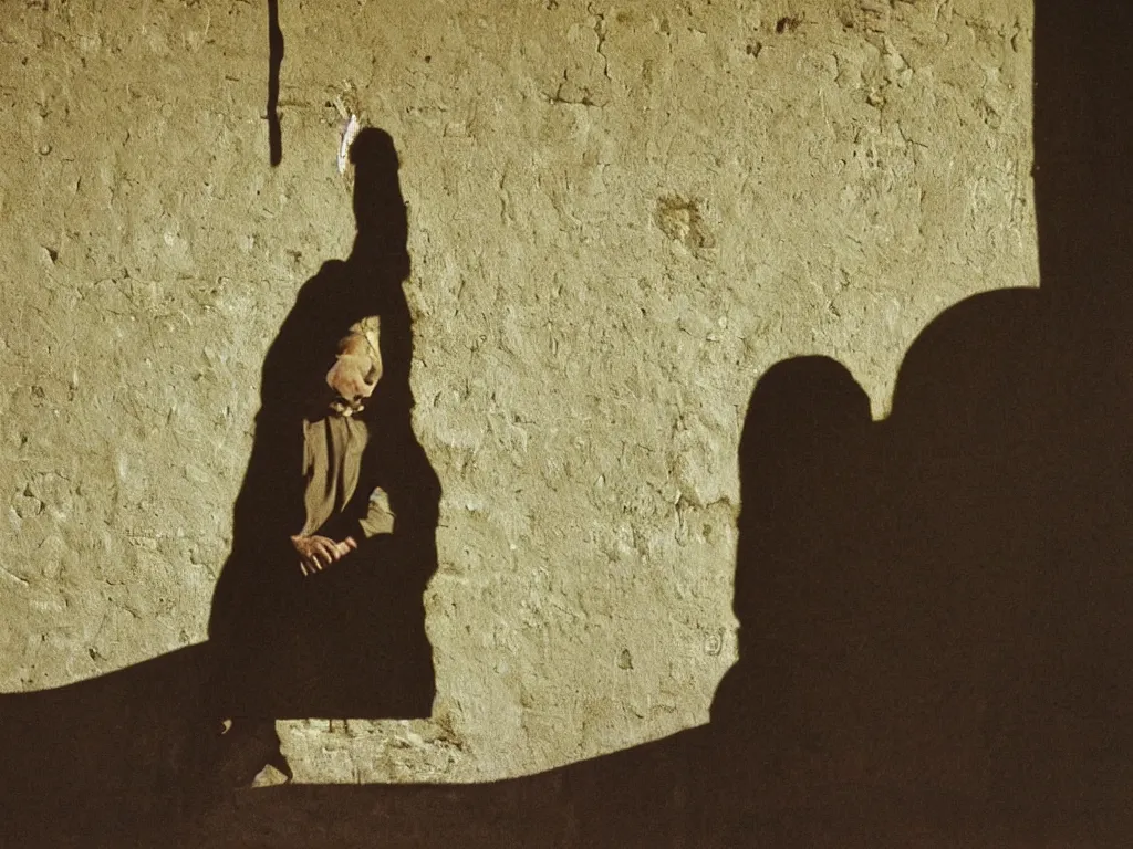 Prompt: Young holy man sitting with the hand on his cheek. Dark shadow on the old wall with cracked paint. Golden harsh light. Painting by Zurbaran, Koudelka