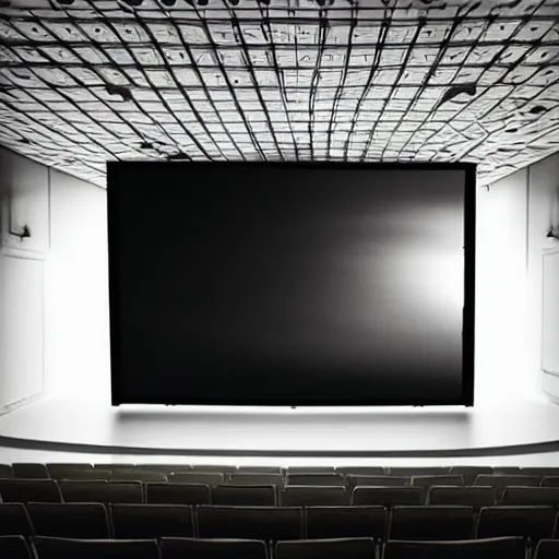 Prompt: an infinite dark cinema hall. the screen is small. the walls are void black. creepy, unnerving. liminal space