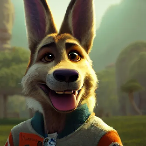 Image similar to a film still from zootopia main character portrait anthro anthropomorphic german shepard head animal person fursona pixar and disney animation, sharp, rendered in unreal engine 5, anime key art by greg rutkowski, bloom, dramatic lighting