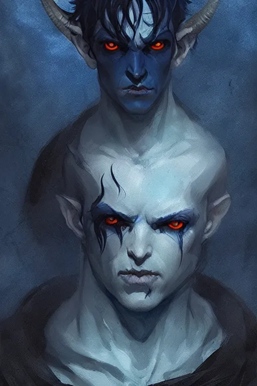 Prompt: sad dark blue tiefling boy with horns and dark hair and pitch black hollow eyes by Greg Rutkowski