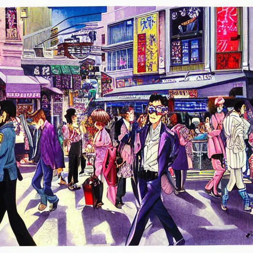 Image similar to a beautiful painting of people traveling down a busy city street by hirohiko araki, detailed line art, jojos bizarre adventure