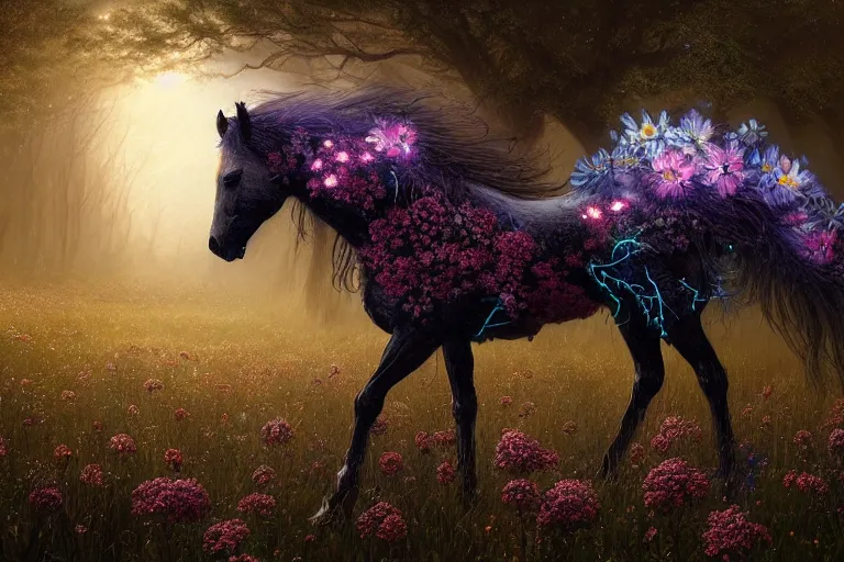 Image similar to a stunning digital painting of a horse made of instricately engraved gnarled wood with a mane of bioluminescent flowers running through a field of flowers by greg rutkowski, flowercore, volumetric light, digital art, fine detail, photorealistic