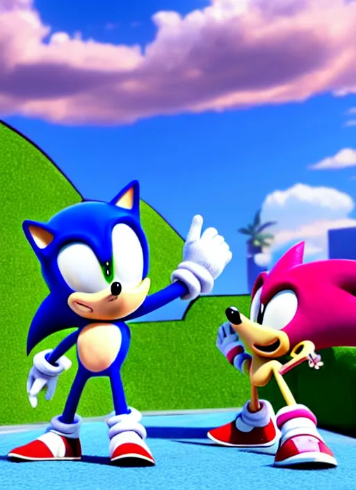 Image similar to sonic the hedgehog and timmy turner from fairly odd parents hanging out, unreal engine render