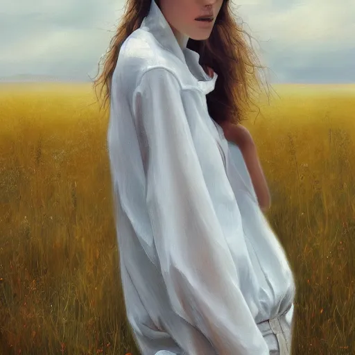 Prompt: a vogue model in a field, oil painting, pale colors, high detail, 8 k, wide angle, trending on artstation,