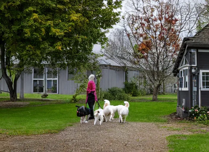 Image similar to the sour, dour, angry lady is walking her three tiny white dogs on leashes, looking down. she has gray hair. the old lady is wearing a long gray cardigan and dark pants. green house in background. large norway maple tree in foreground. view through window, across the road