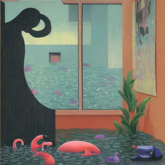 Prompt: painting of flood waters inside an apartment, sensual female emo art student, a river flooding indoors, pomegranates, pigs, ikebana, water, octopus, river, rapids, waterfall, black swans, canoe, berries, acrylic on canvas, surrealist, by magritte and monet