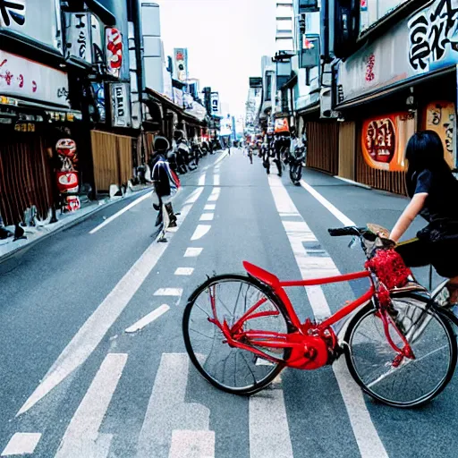 Image similar to a dragon riding a bike in the streets of tokyo