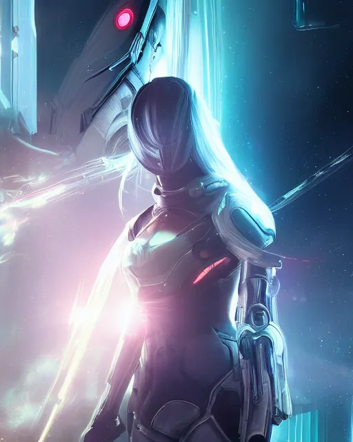 Image similar to photo of a android girl on a mothership, warframe armor, beautiful face, scifi, nebula, futuristic background, galaxy, raytracing, dreamy, focused, sparks of light, pure, long white hair, blue cyborg eyes, glowing, 8 k high definition, insanely detailed, intricate, innocent, art by akihiko yoshida, li zixin, woo kim