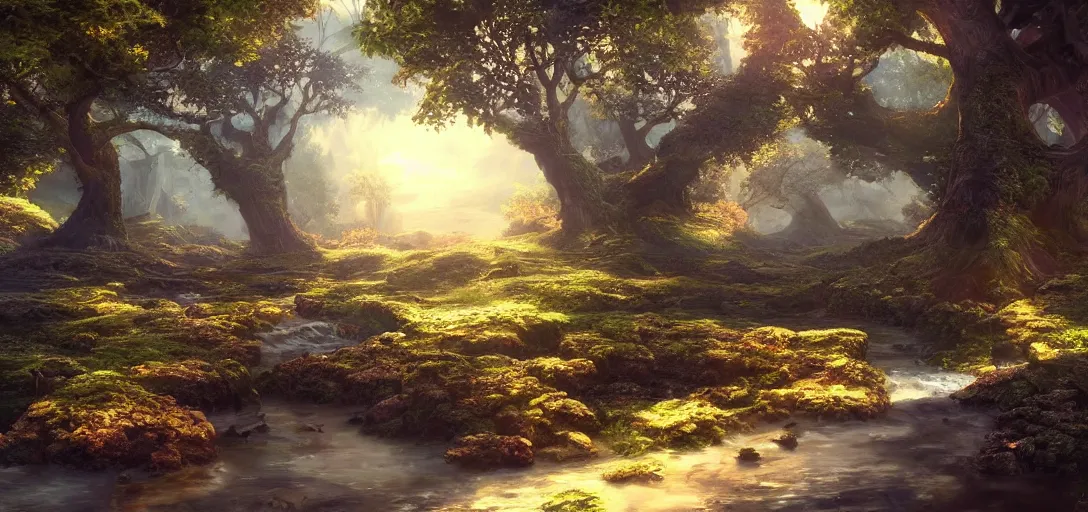 Prompt: fantasy desktop background, painting, magical, landscape, intricate and detailed environment, raytracing, compute shaders, soft lighting, sharp focus