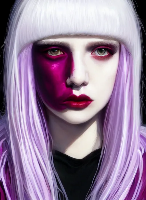 Image similar to portrait of white teenage girl, normal face, white bangs, mall goth, cyberlox, black and white hair, bangs, fluffy bangs, red contact lenses, purple lipstick, intricate, elegant, highly detailed, digital painting, artstation, concept art, sharp focus, smooth, illustration, art by wlop, mars ravelo and greg rutkowski