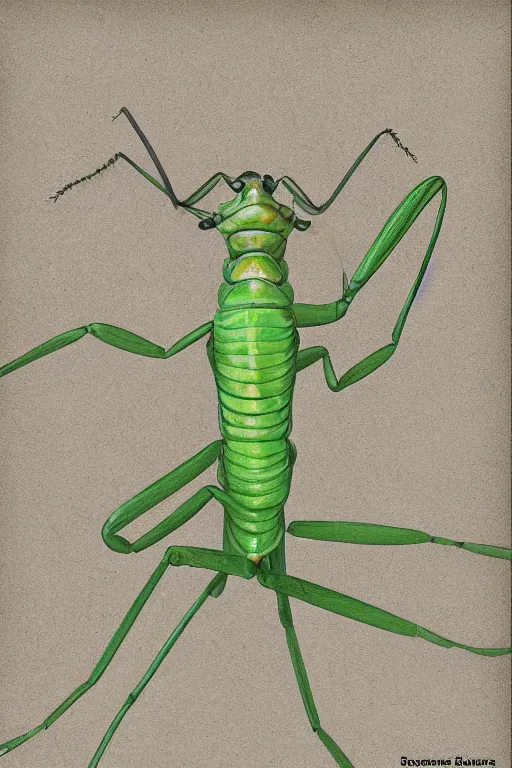 Prompt: praying mantis, paper texture, by pandora sellars