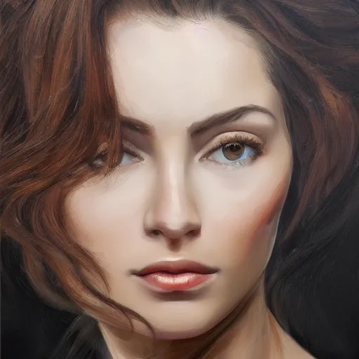 Image similar to beautiful portrait face centre oil on canvas of brunette with wavy hair Ebru Şahin, Reyyan, intricate, elegant, highly detailed, artstation, concept art, sharp focus