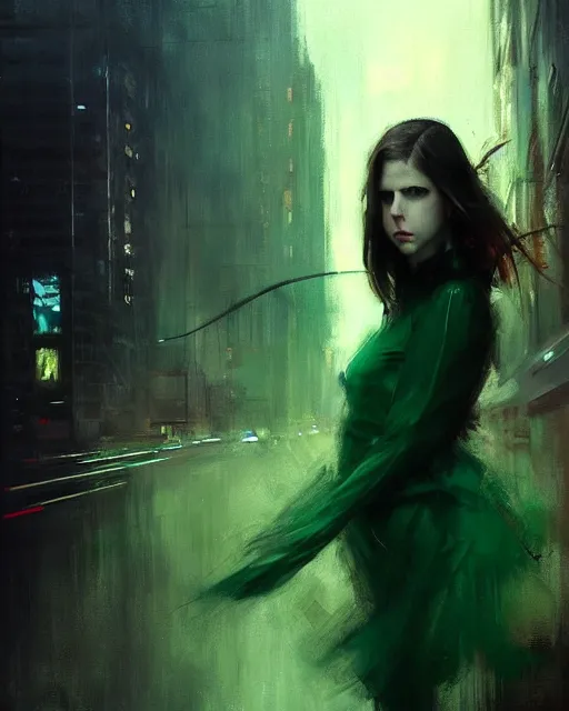 Prompt: Jeremy Mann art, artgerm, Mandy Jurgens art, cgsociety, cinematics lighting, beautiful Anna Kendrick supervillain, green dress with a black hood, angry, symmetrical face, Symmetrical eyes, full body, flying in the air over city, night time, red mood in background
