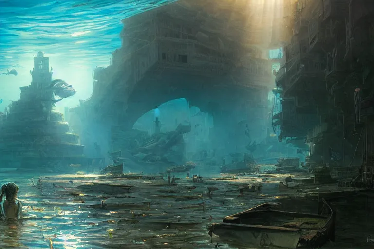 Prompt: a beautiful painting of the lost city of Atlantic city under water, ray of sunlight, mermaid in distance, Greg Rutkowski, Moebius