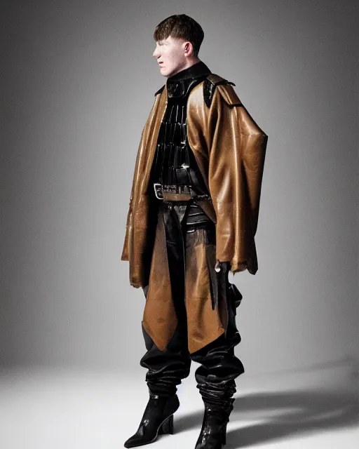 Prompt: an award - winning editorial photo of an extremely baggy but cropped ancient medieval designer menswear leather police jacket with an oversized large collar and baggy bootcut trousers designed by alexander mcqueen, 4 k, studio lighting, wide angle lens
