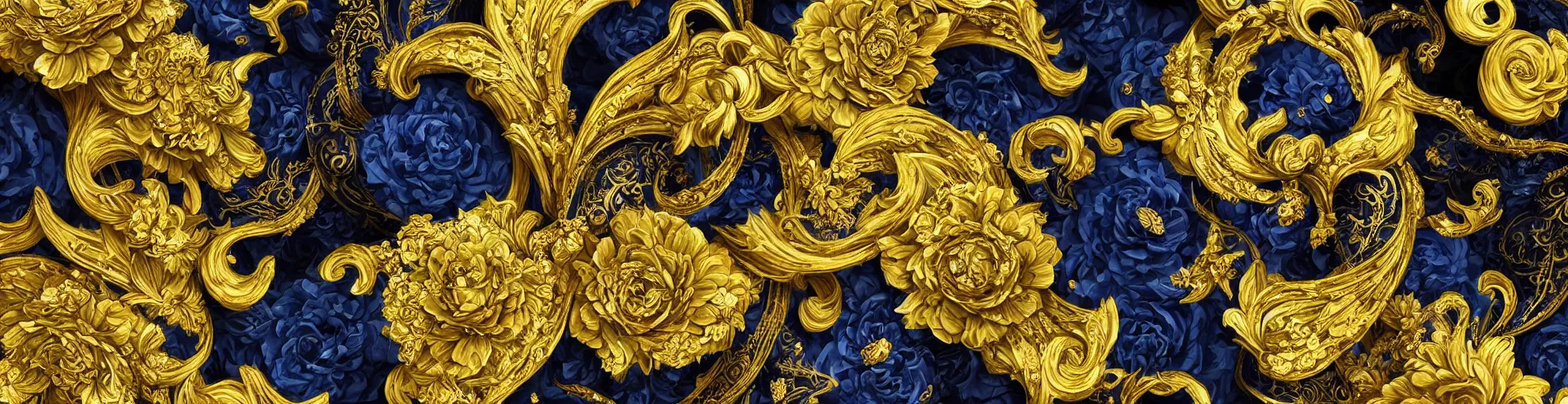 Image similar to black blue yellow, complicated gold and blue flowers the baroque style decoration, dark fantasy, intricate, elegant, highly detailed, digital painting, artstation, concept art, matte, 3 d 8 k octane rendered, sharp focus, illustration, octane rendered, art by artgerm