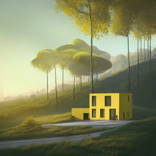 Image similar to futuristic yellow house between hills with big trees, monks walking, multiple moons, dramatic lighting, artstation, matte painting, raphael lacoste, simon stalenhag, frank lloyd wright, zaha hadid