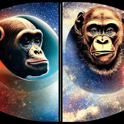 Image similar to double exposure portrait of astronaut and a chimpanzee astronaut with space and time in the the background by davinci, circles, psychedelic, pencil art, high definition, dynamic lighting stars, sharpness, golden ratio