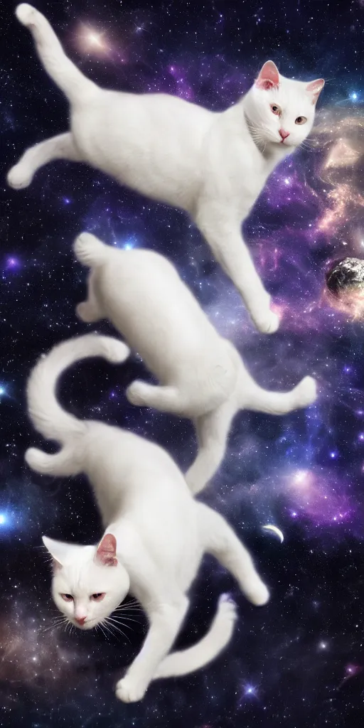 Prompt: white cats floating in space. andromeda in the background, 4k, high quality photo