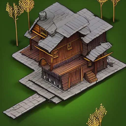 Image similar to a house in the forest isometric style, fantasy, video game design, high key lighting, detailed art, trending on Artstation, sharp focus