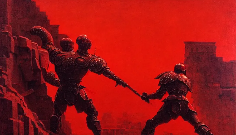 Image similar to only with red, an armored gladiator in a crowded roman amphitheatre, crowd cheering, in the style of beksinski and edward hopper and rodcenko and yue minjun and rolf armstrong, intricate and epic composition, red by caravaggio, highly detailed, masterpiece, red light, artstation