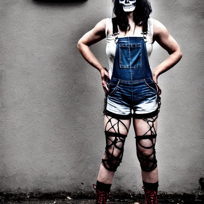 Prompt: fully body pose, photo of a very beautiful!! grungy skull woman, torn overalls, short shorts, fishnets, combat boots, 8 k, hdr, smooth, sharp focus, high resolution, award - winning photo, trending on artstation, dslr, 5 0 mm