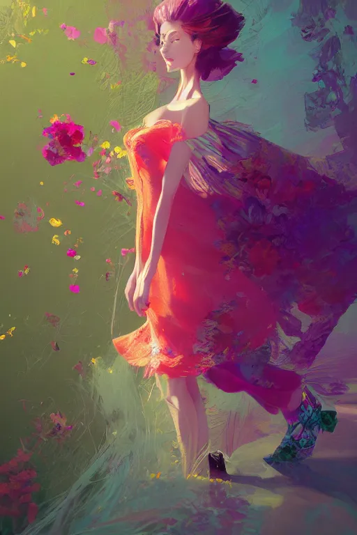 Image similar to elegant, beautiful woman in colourful clothing, ultrafine illustrated, ultradetailed flowery environment, by conrat roset, makoto shinkai, craig mullins, alphonse murac, detailed artwork, extremely detailed and high quality, global illumination, octane render, digital art trending on artstation