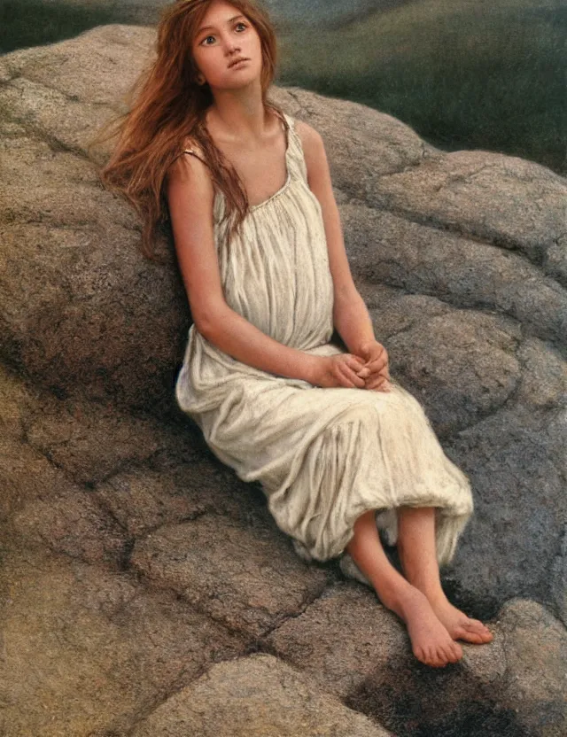 Prompt: peasant barefoot girl with long blowing windy hair sitting on the edge of rock, cottage core, cinematic focus, polaroid photo bleached vintage pastel colors high - key lighting, soft lights, foggy, by steve hanks, by lisa yuskavage, by serov valentin, by tarkovsky, 8 k render, detailed, oil on canvas