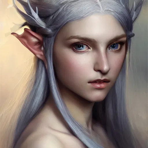 Prompt: Portrait of a young, beautiful and elegant silver-haired elf queen， full of details, Classical oil painting， concept art, smooth, by Ina Wong and wlop ，trending on cgsociety and artstation，8kHDR，light effect，-H 768