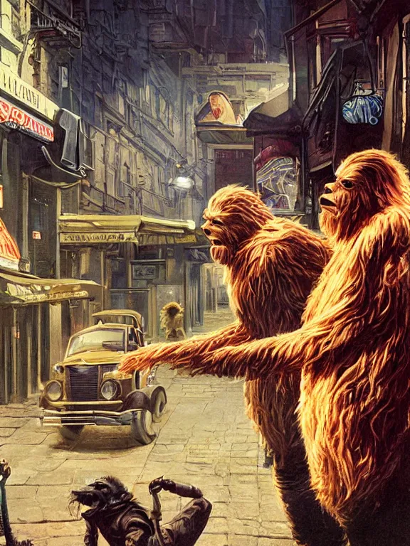 Image similar to rich evans and mike stoklasa save george lucas from a crackhead wookie in 1 9 3 0 s paris, hyperrealistic, 4 k, ultra detailed, intricate detail, octane render, photorealistic, art by wayne barlowe, art by keith parkinson.