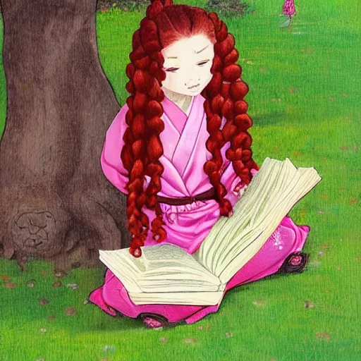 Image similar to little girl with long curly red hair dressed in a pink kimono and sitting next to a tree while reading a book, artwork made in street fighter art style inspired in balthus and made in abyss