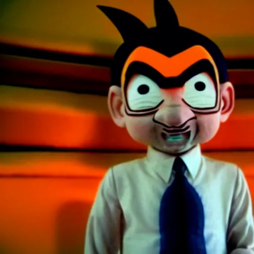 Image similar to mr. bean as goku from dragonball z. movie still. cinematic lighting.