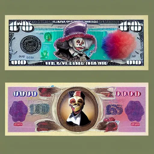 Image similar to The money of clowns banknote, photo realistic, highly-detailed, award-winning