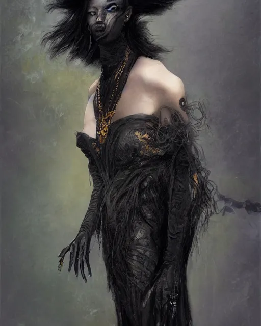 Image similar to a portrait of black furry shadow nightmare monster and human hybrid, long black velvet gown, gold necklaces, illustration, dramatic lighting, soft details, painting oil on canvas, art nouveau, octane render, HDR, 4k, 8k, HD, by Edmund Blair Leighton, Brom, Charlie Bowater, trending on artstation, Tom Bagshaw, faces by otto Schmidt