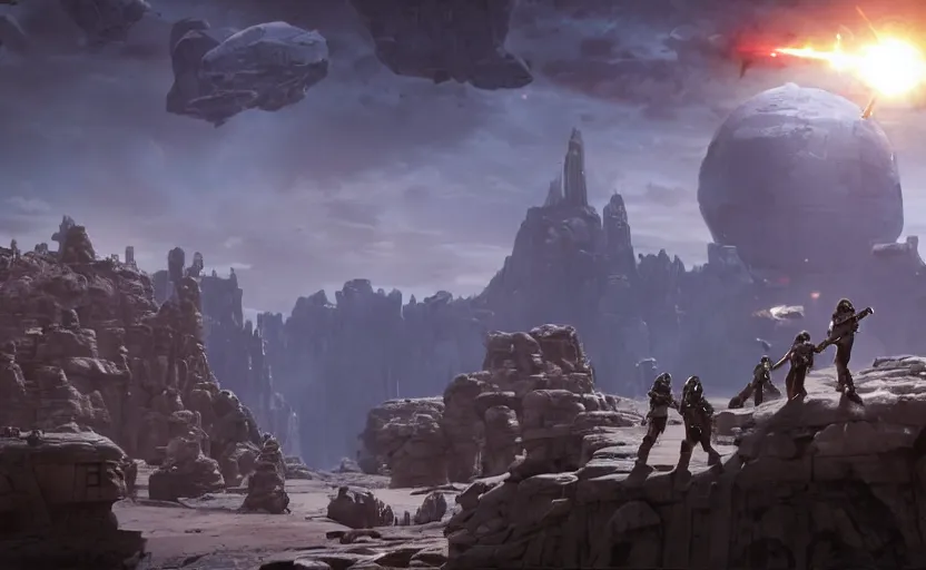 Prompt: still image screenshot floating boulder planet, castles floating in mid air, jedi temples from the tv show mandalorian on disney +, knights of ren scene with a dozen jedi soldiers igniting lightsabers looking up at - at imperial walkers, anamorphic lens, 3 5 mm film kodak