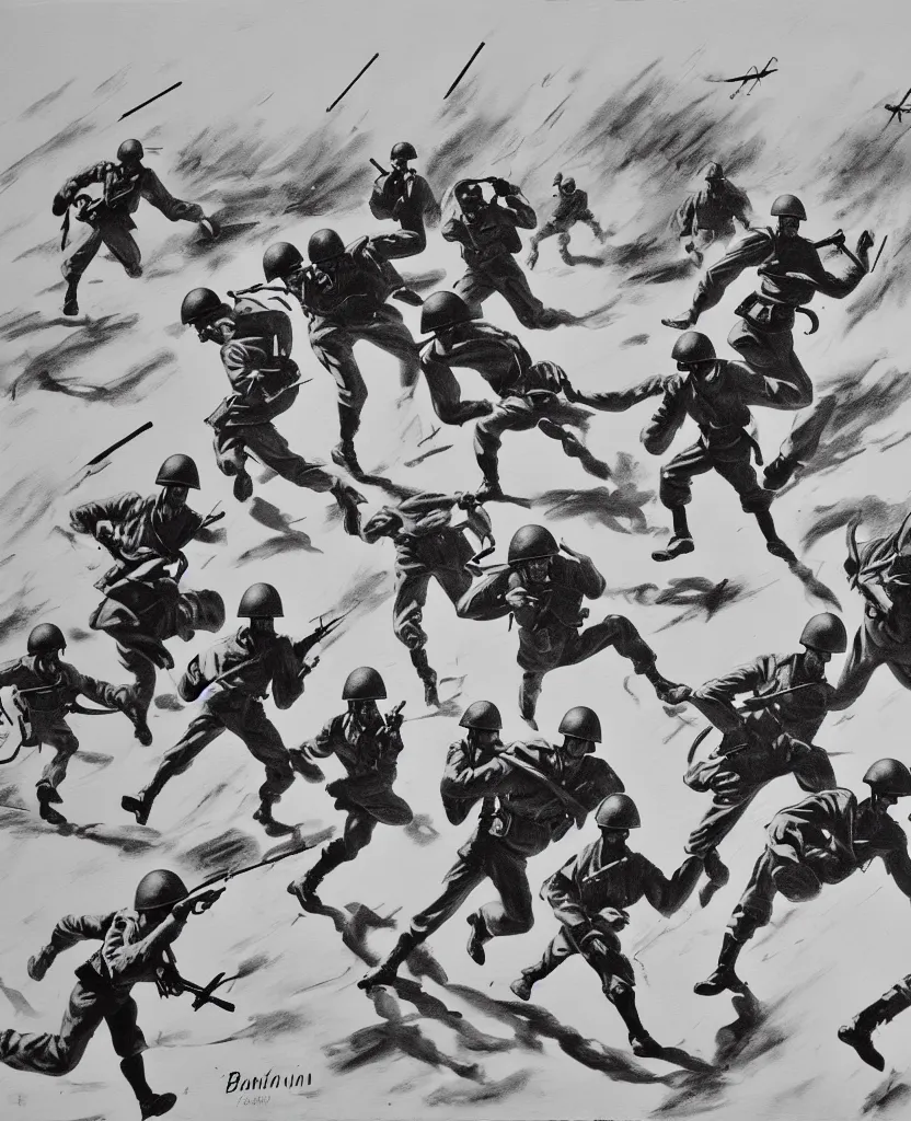 Prompt: a painting of running soldiers and bombs in el alamein battle, wwii,, black and white, disorder, bauhaus