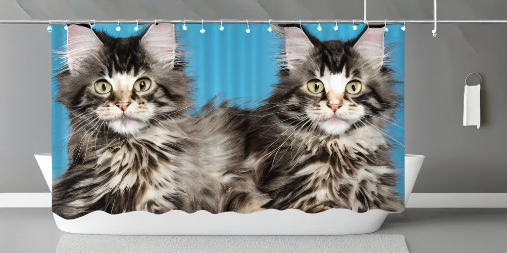 Image similar to a maine coon kitten artwork themed shower curtain, shower curtain. digital art. product photography. product lighting. 4 k, highly detailed. saturated. toy story ( film ).