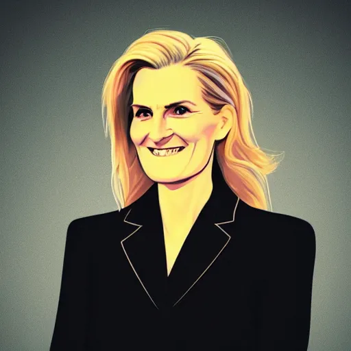 Image similar to smiling, happy, beautiful, intelligent, powerful helle thorning, loving eyes, fully clothed, wise, beautiful, dramatic lighting, sharp focus, art deco patterns by stanley artgerm, retro futurism, dramatic lighting, trending on artstation, flat colour, geometric curves, gradient filter