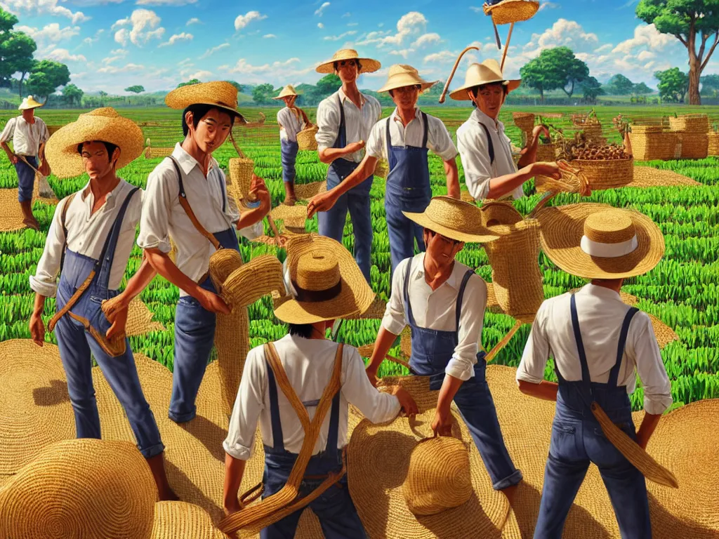 Prompt: mandragora farmers working on the sunny day, wearing a suspenders and straw hats, artgerm, artstation, art by hiroaki samura and jiro matsumoto and yusuke murata, box office hit, movie poster, unreal engine, octane render, sharp focus, high quality, highly detailed 8 k