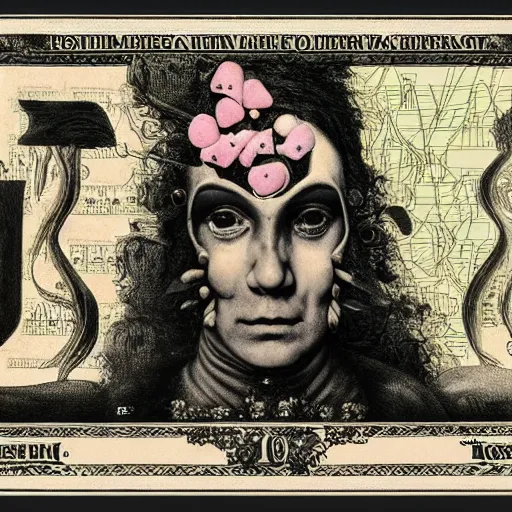 Image similar to post - punk new age album cover, asymmetrical design, frame of a dollar bank notes, capitalism, magic, apocalypse, psychedelic, black white pink, magic, giger h. r., giuseppe arcimboldo