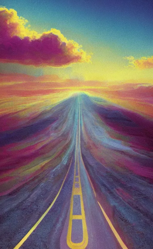 Prompt: paperback book cover. 1 9 7 0 s. pure colors, melting clouds, accurately drawn details, a sunburst above a receding road with the light reflected in furrows and ruts, after rain. photorealistic. octane render. cinematic. trending on artstation. textless.