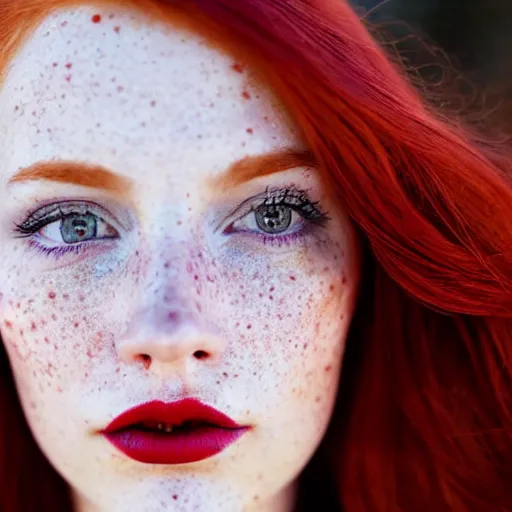 Prompt: close up hald face portrait photograph of a redhead woman with stars in her irises, deep red lipstick and freckles. Wavy long hair. she looks directly at the camera. Slightly open mouth, face covers half of the frame, with a park visible in the background. 135mm nikon. Intricate. Very detailed 8k. Sharp. Cinematic post-processing. Award winning portrait photography
